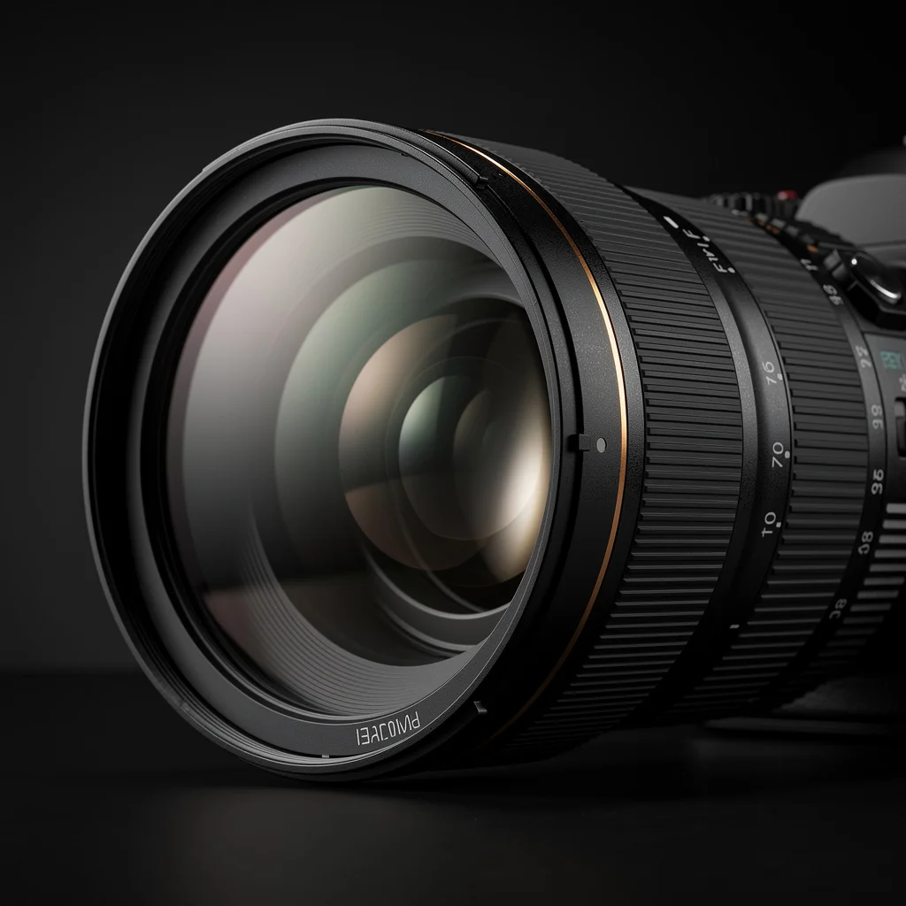 Close-up of a professional cinematic camera lens