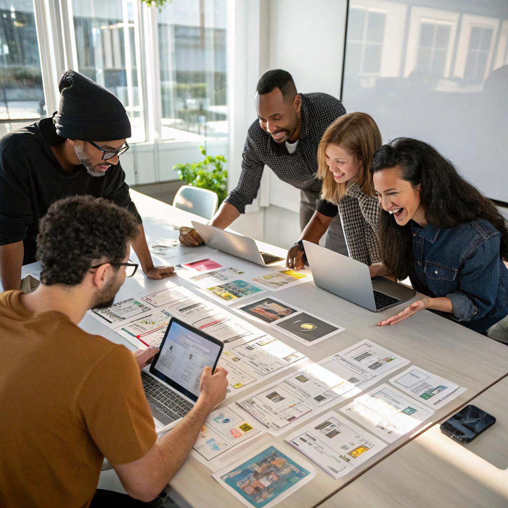 Production team reviewing storyboards and equipment lists on a glass table