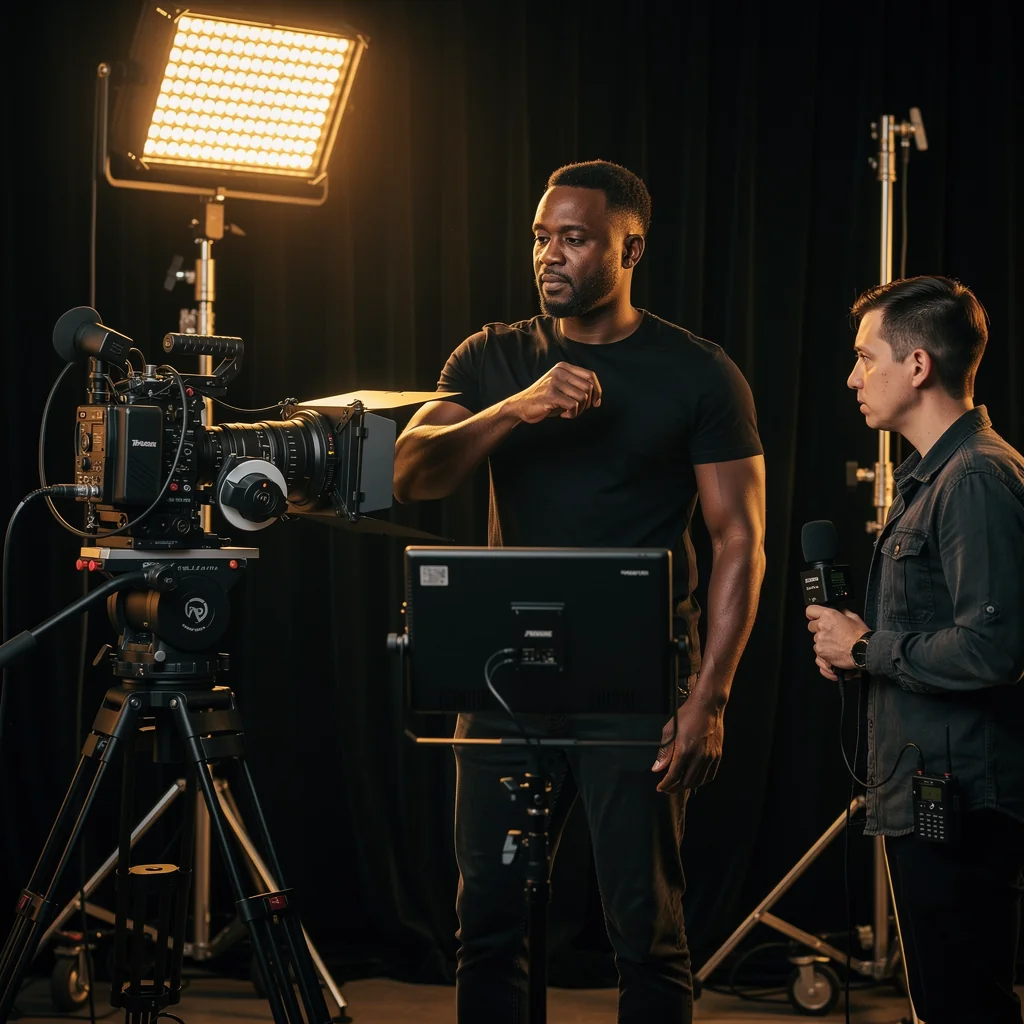 Cinematographer adjusting a professional camera rig on a studio set
