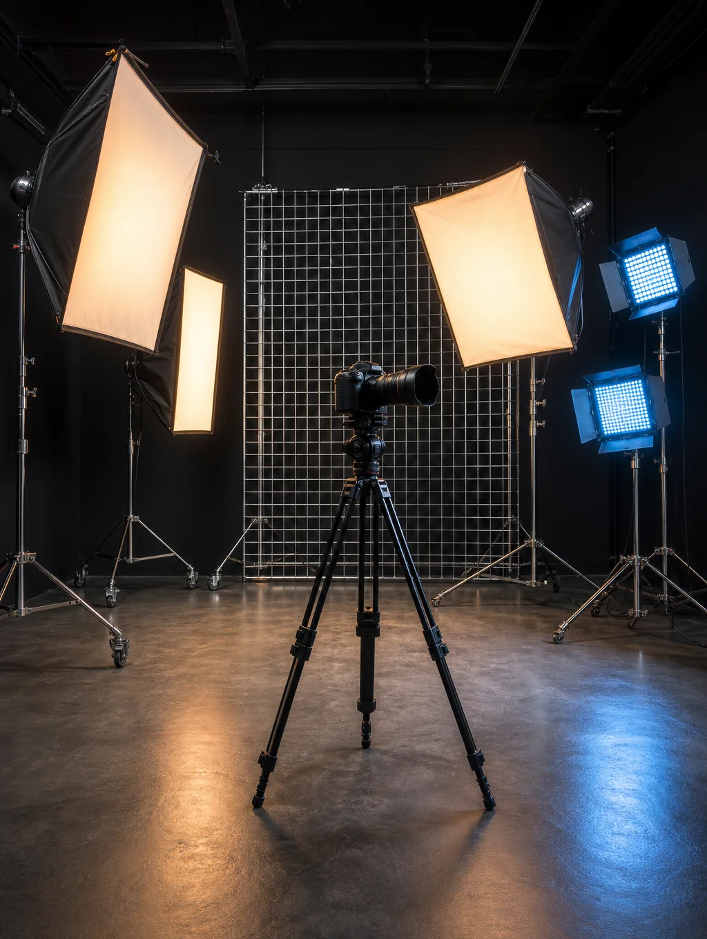 Professional studio production setup with lighting and camera gear