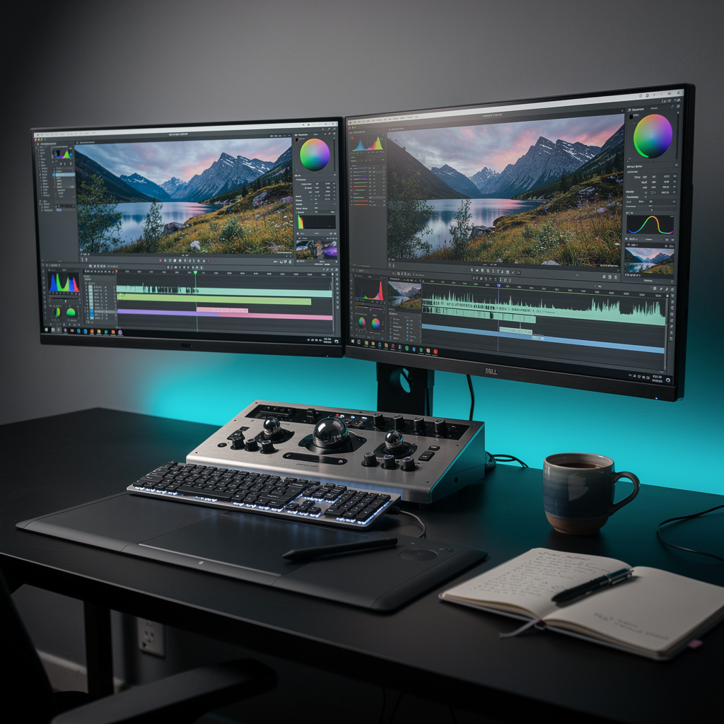 Editor working on a high-end color grading suite with multiple monitors